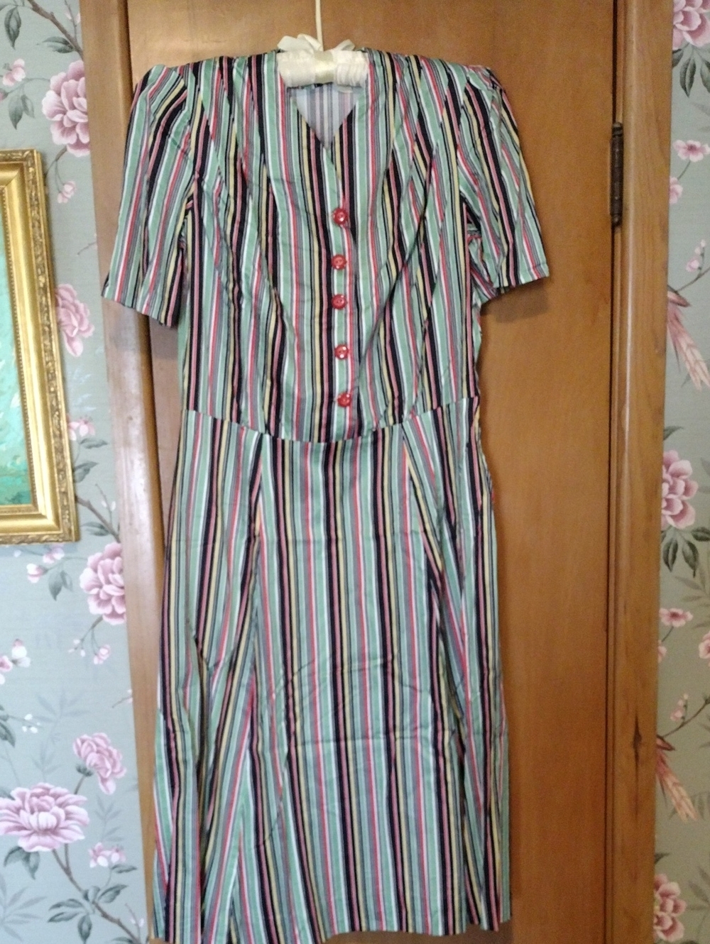 Vintage-Inspired Vertical Stripe Button Dress in Mint, Pink & Black